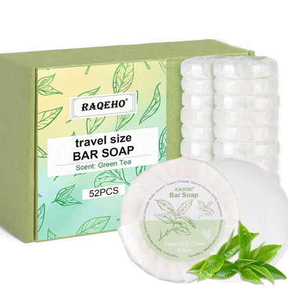 RAQEHO front packing showing 52 green tea bars and benefits of bulk supply