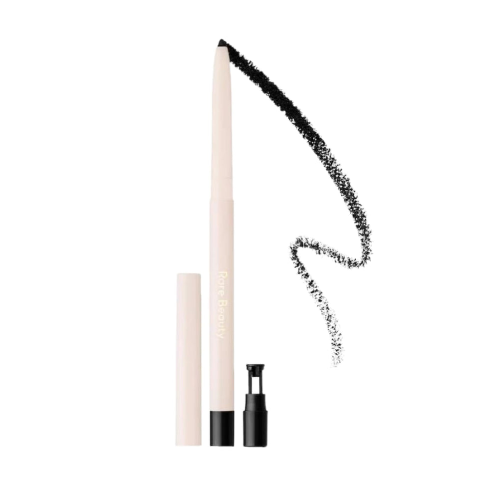 Rare Beauty gel eyeliner True Black front view showing precise tip and bold pigment