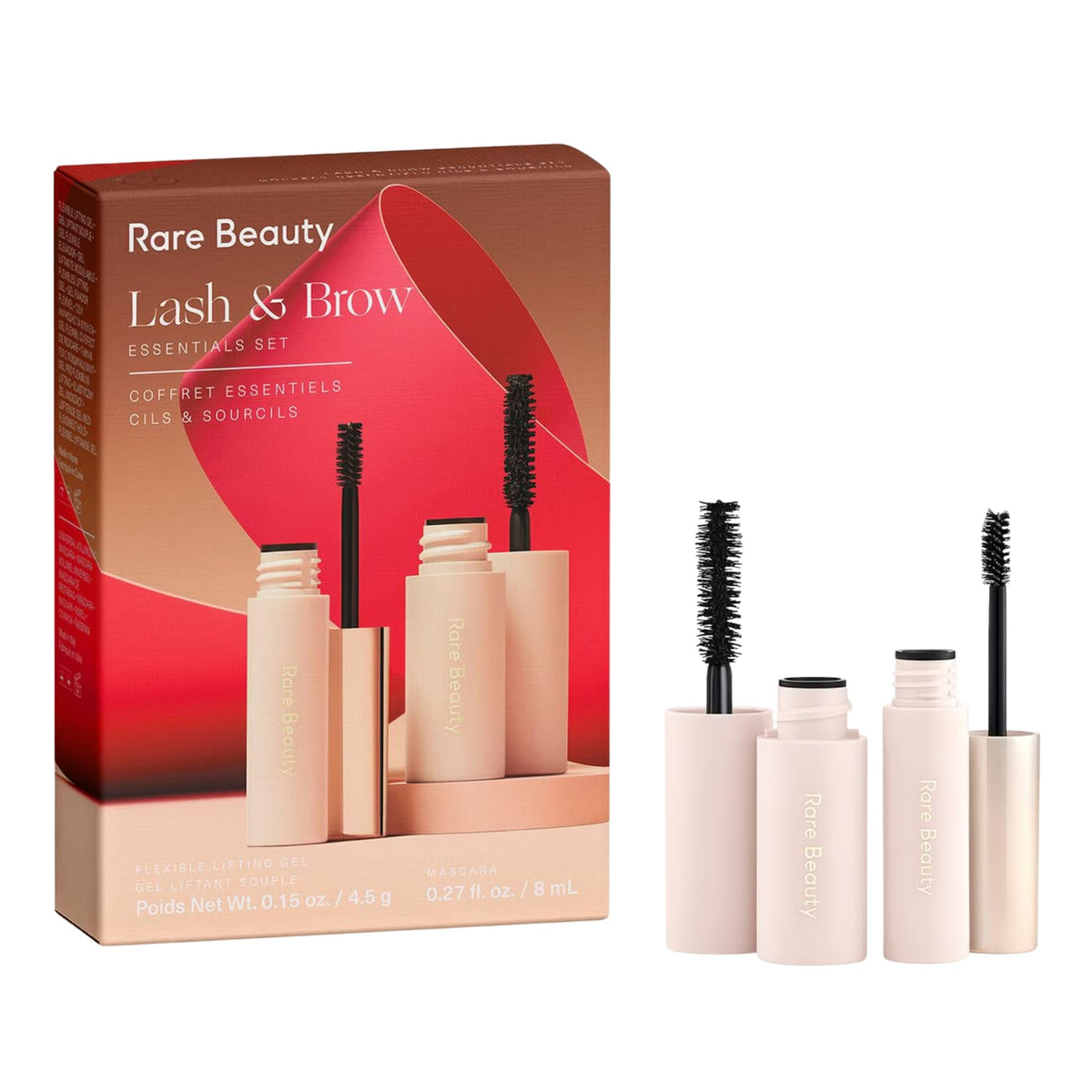 Rare Beauty front packaging showing the lash and brow essentials set, travel-ready convenience