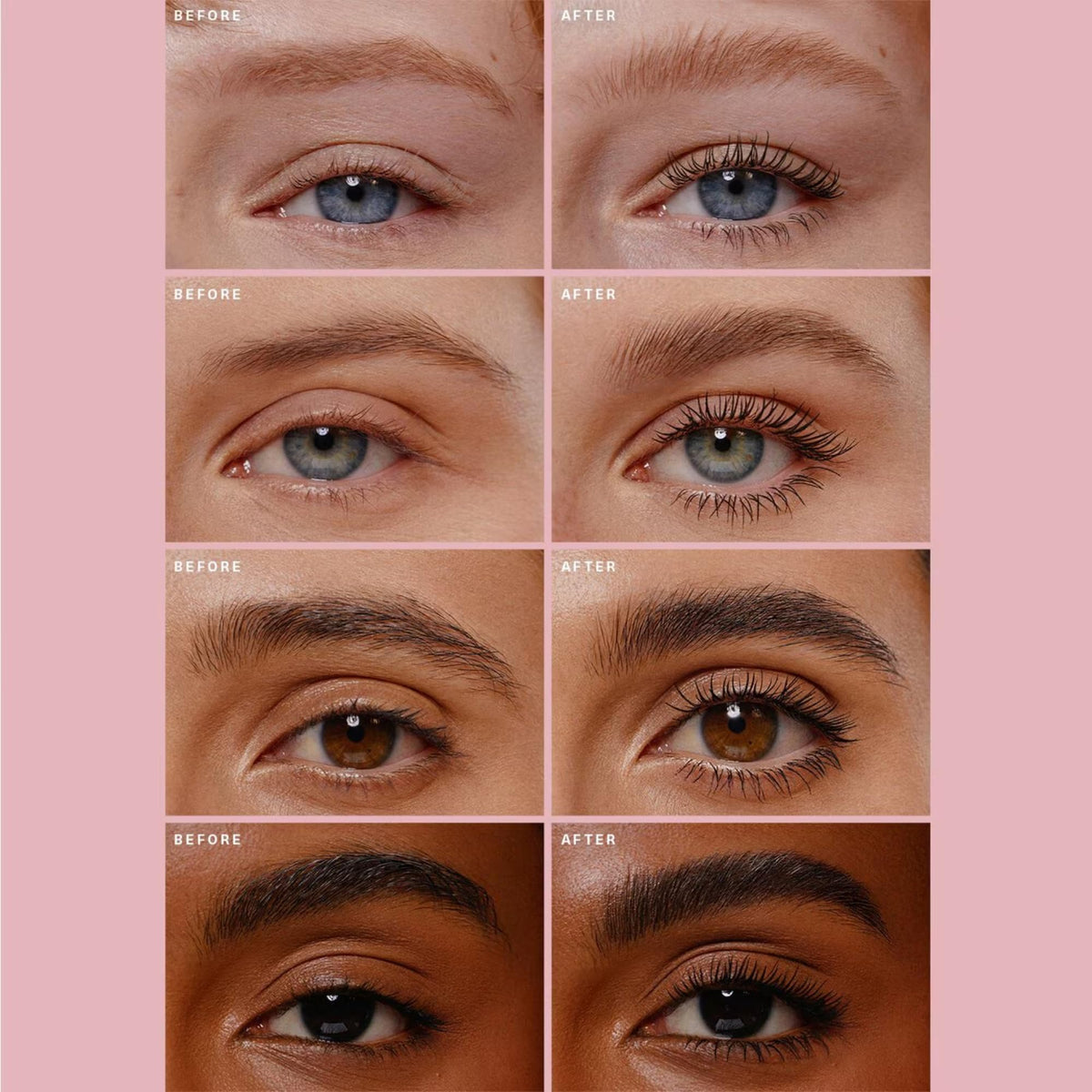 Rare Beauty duo applied on model demonstrating fuller lashes and sculpted brows