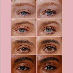 Rare Beauty duo applied on model demonstrating fuller lashes and sculpted brows
