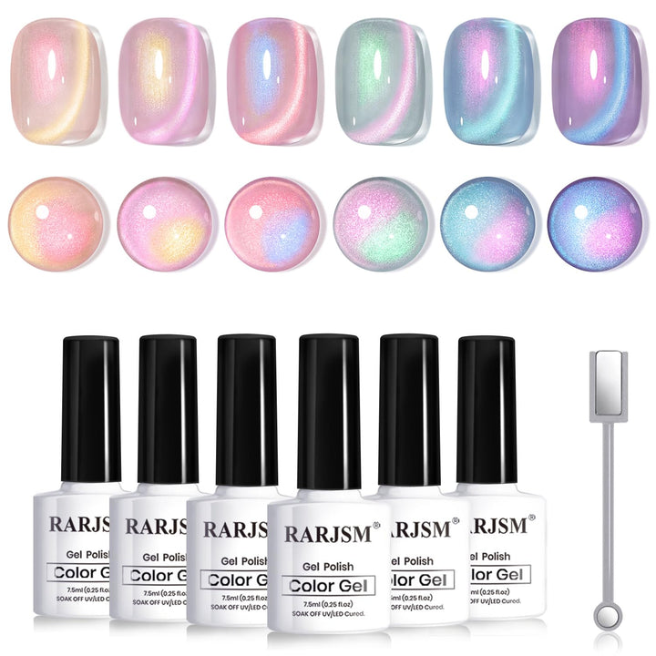 RARJSM front packaging showing six aurora cat eye gel bottles and kit benefits