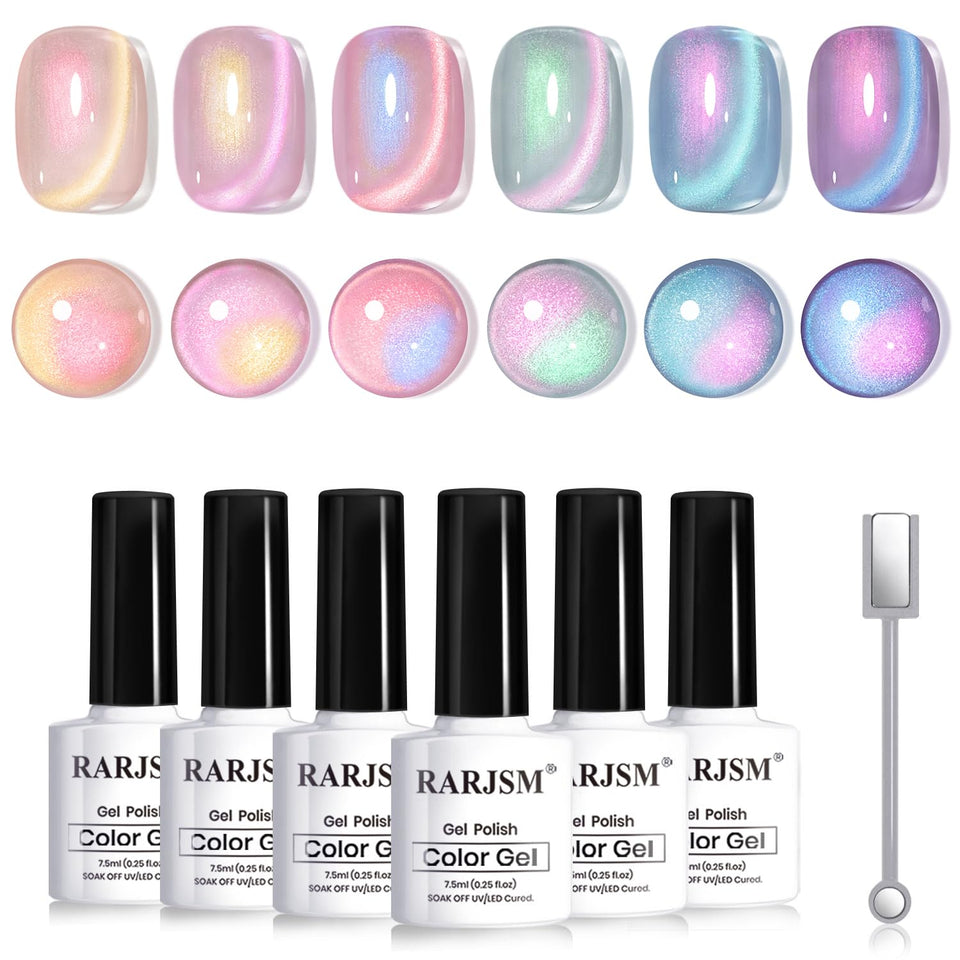 RARJSM front packaging showing six aurora cat eye gel bottles and kit benefits