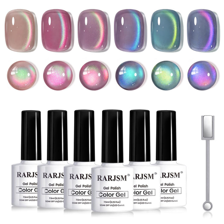 RARJSM front packaging showing six aurora cat eye gel bottles and magnet for versatile looks
