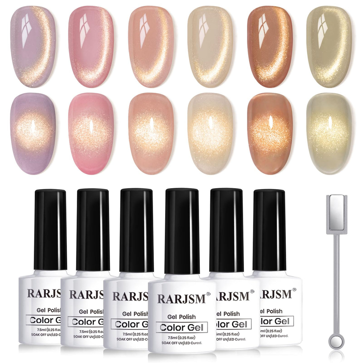 RARJSM bottles front view showing six shimmer shades and gold cat-eye appeal