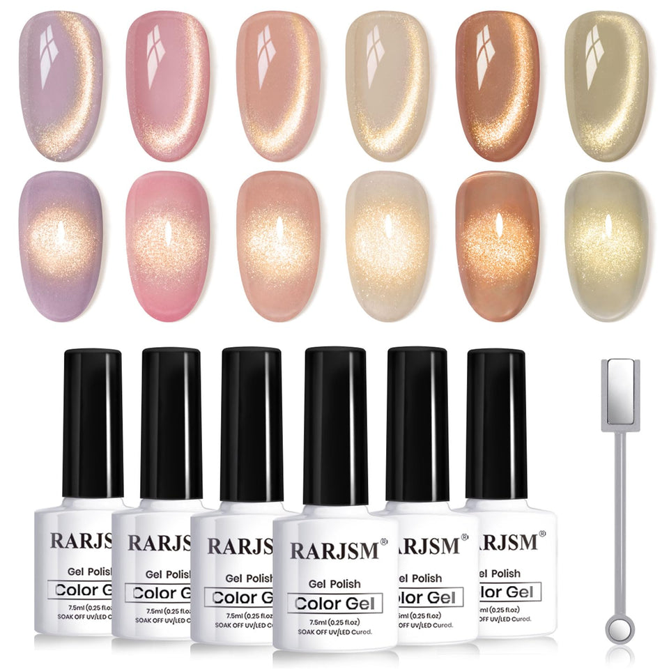 RARJSM bottles front view showing six shimmer shades and gold cat-eye appeal
