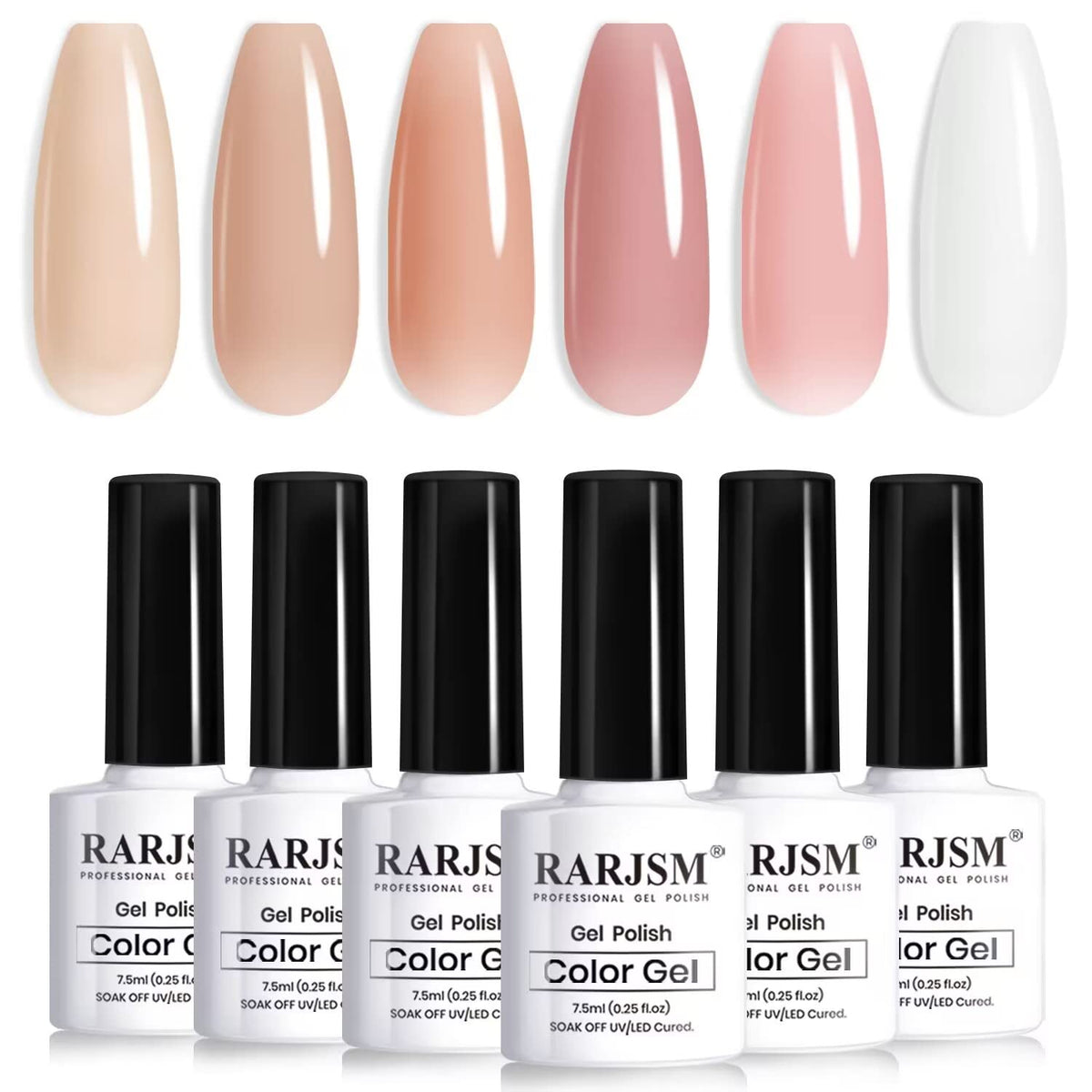 RARJSM front view of six nude gel bottles showing color range and compact packaging benefit