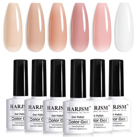 RARJSM front view of six nude gel bottles showing color range and compact packaging benefit