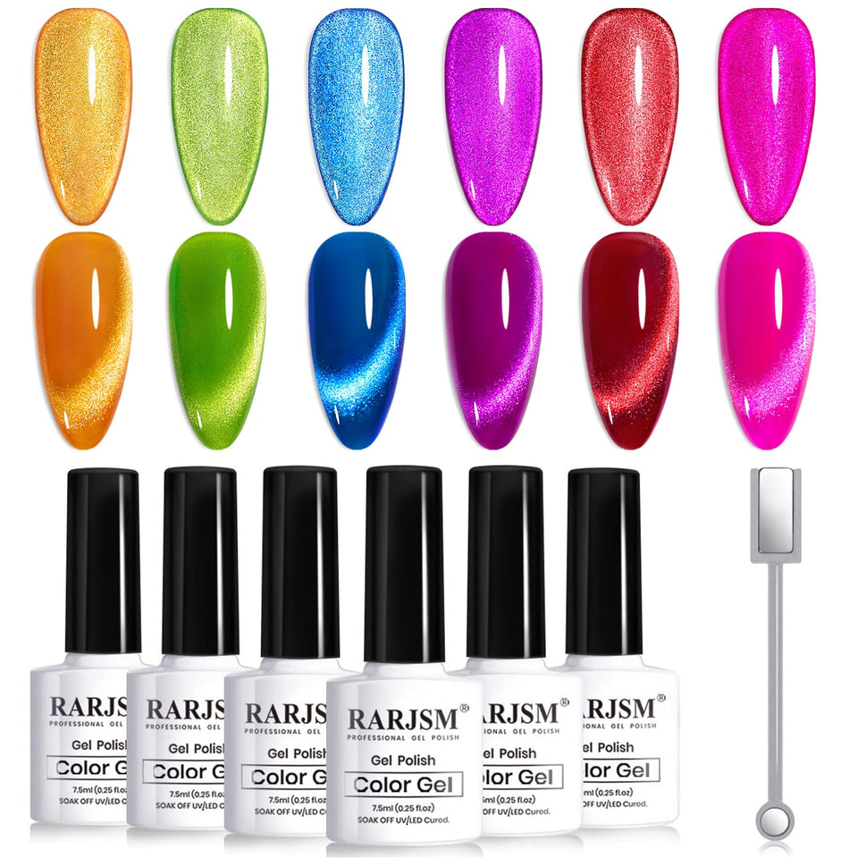 RARJSM front view showing six neon cat eye bottles and magnet, clear product display benefit