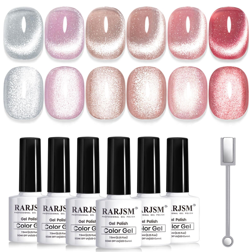 RARJSM front packaging showing six cat eye gel bottles and magnet for easy styling
