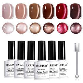 RARJSM six-bottle front view showing coffee brown cat eye gel set and benefits