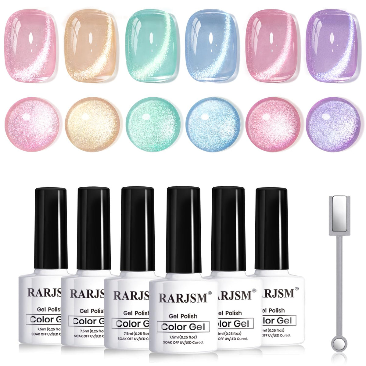 RARJSM front packaging showing six reflective cat eye gel polishes and magnet wand for versatile looks