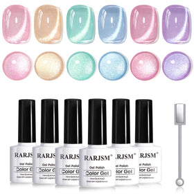RARJSM front packaging showing six reflective cat eye gel polishes and magnet wand for versatile looks