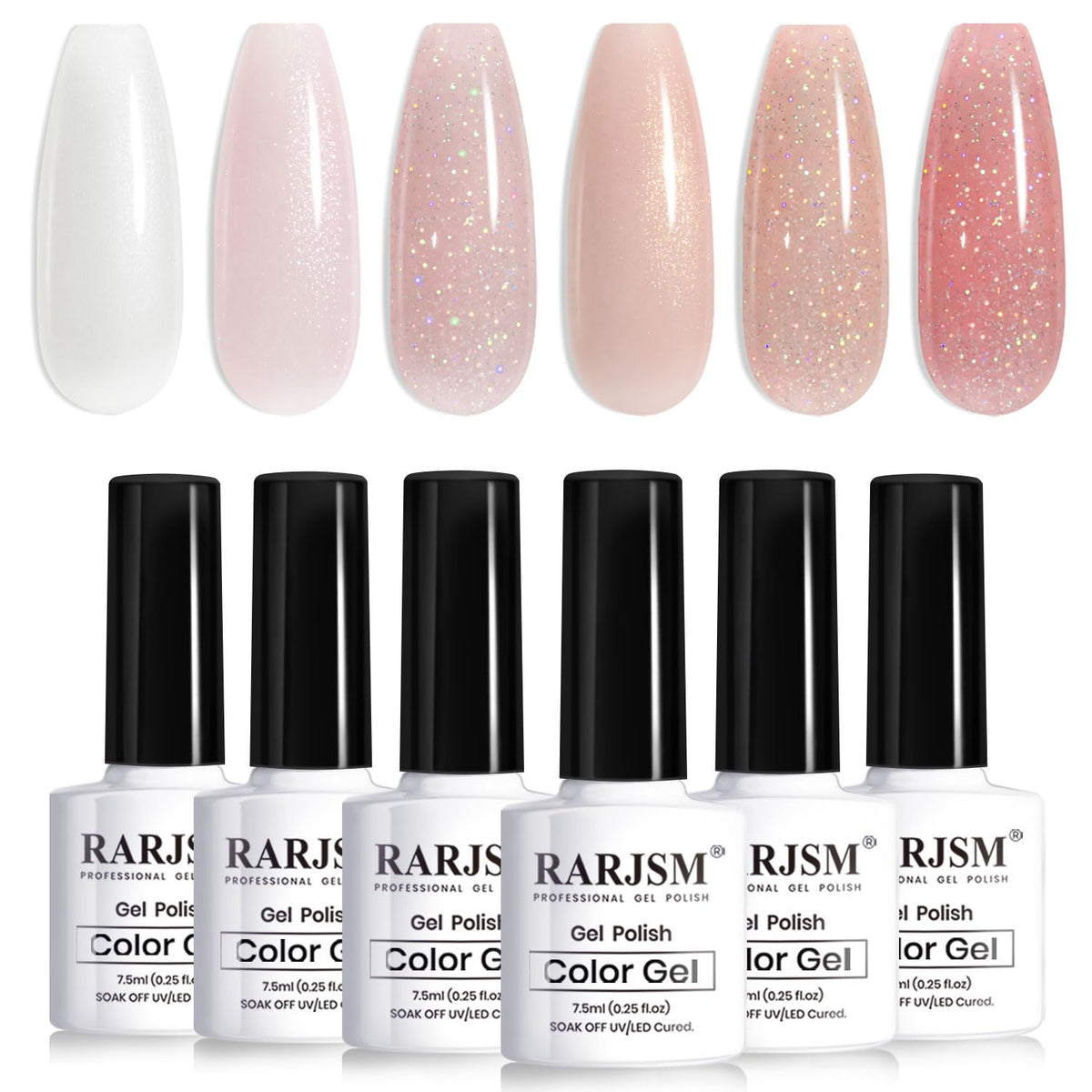 RARJSM front packaging showing all six glitter nude gel bottles and benefit variety
