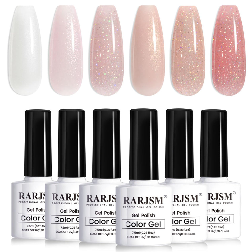 RARJSM front packaging showing all six glitter nude gel bottles and benefit variety