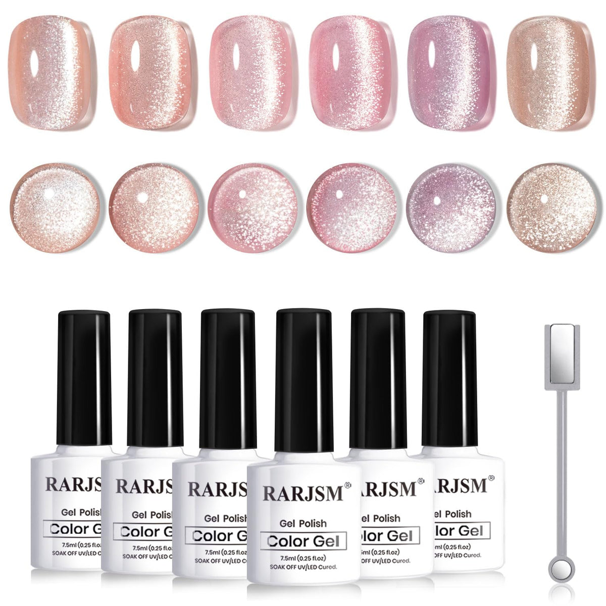RARJSM front packaging showing six nude cat eye bottles and magnet, salon-ready look