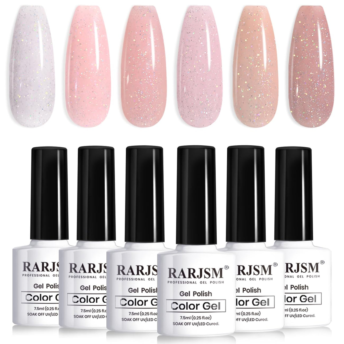 RARJSM front packaging of six nude glitter gel polishes showing variety and convenience