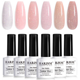 RARJSM front packaging of six nude glitter gel polishes showing variety and convenience