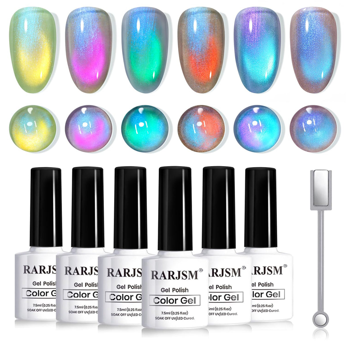 RARJSM front packaging set showing six aurora cat eye bottles and magnet for versatile looks