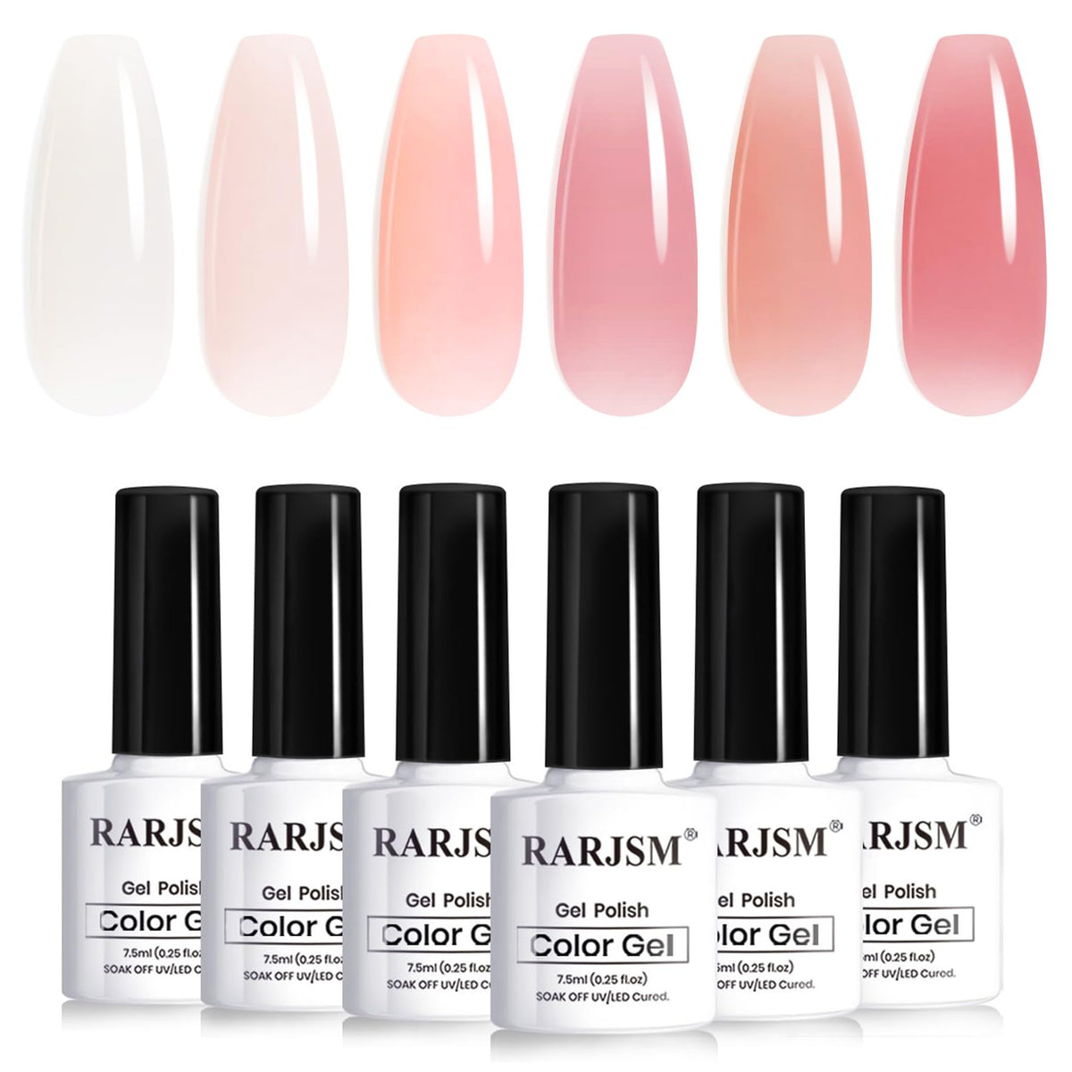 RARJSM front packaging showing six sheer nude gel bottles and benefits