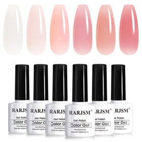 RARJSM front packaging showing six sheer nude gel bottles and benefits