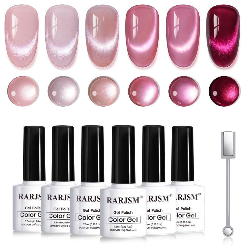 RARJSM bottles front view showing six pink cat-eye shades and shimmer