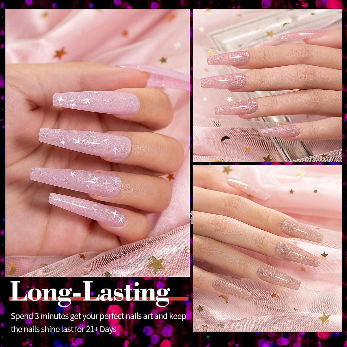 RARJSM nails on hand with soft glitter finish demonstrating subtle sparkle benefit