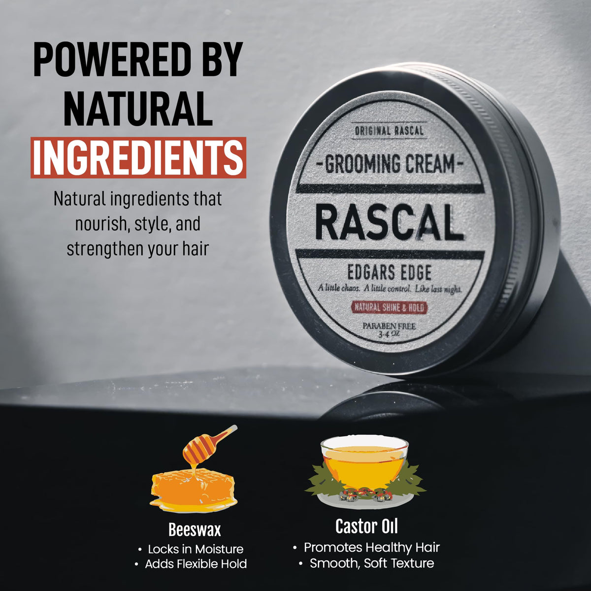 Rascal styled hair comparison showing natural shine and medium hold benefits