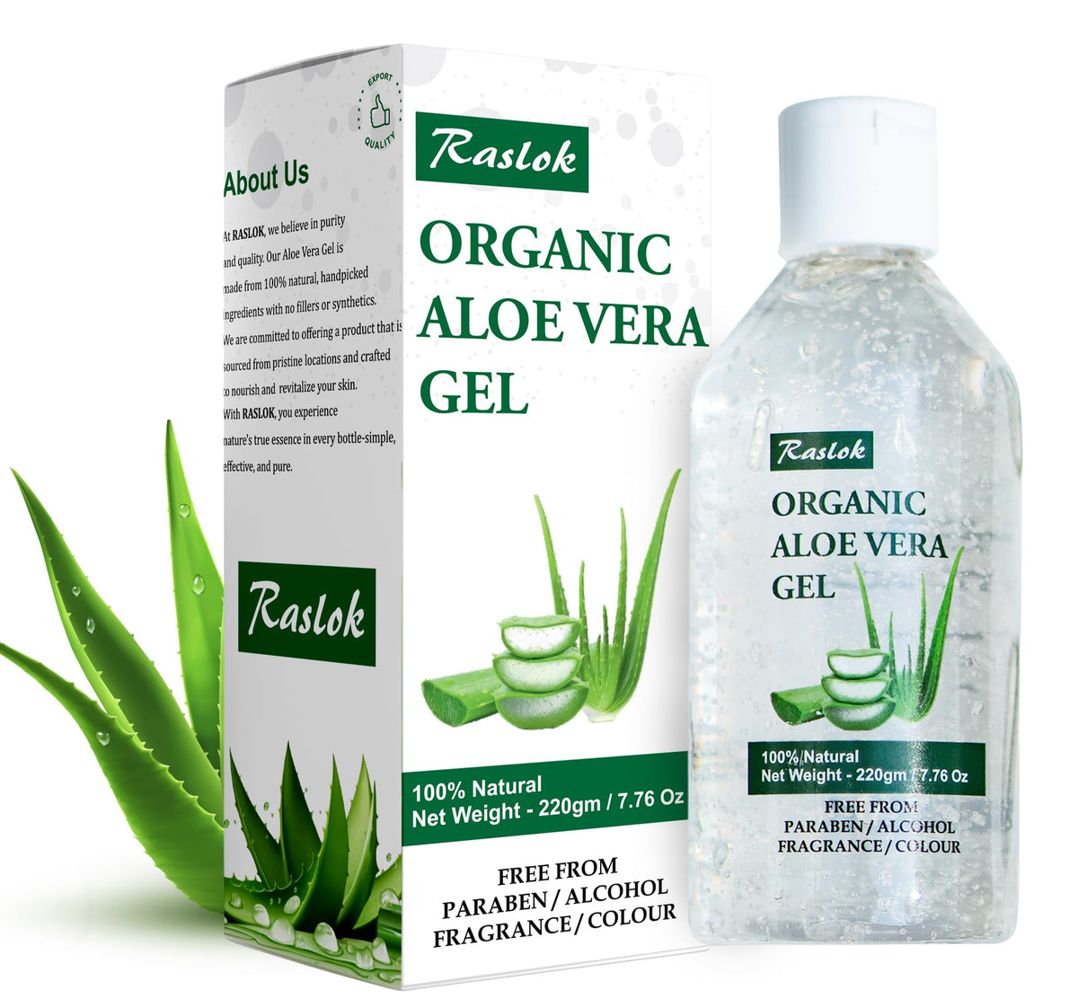 Raslok aloe vera gel front jar showing label and clean packaging benefit