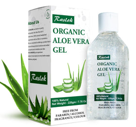 Raslok aloe vera gel front jar showing label and clean packaging benefit
