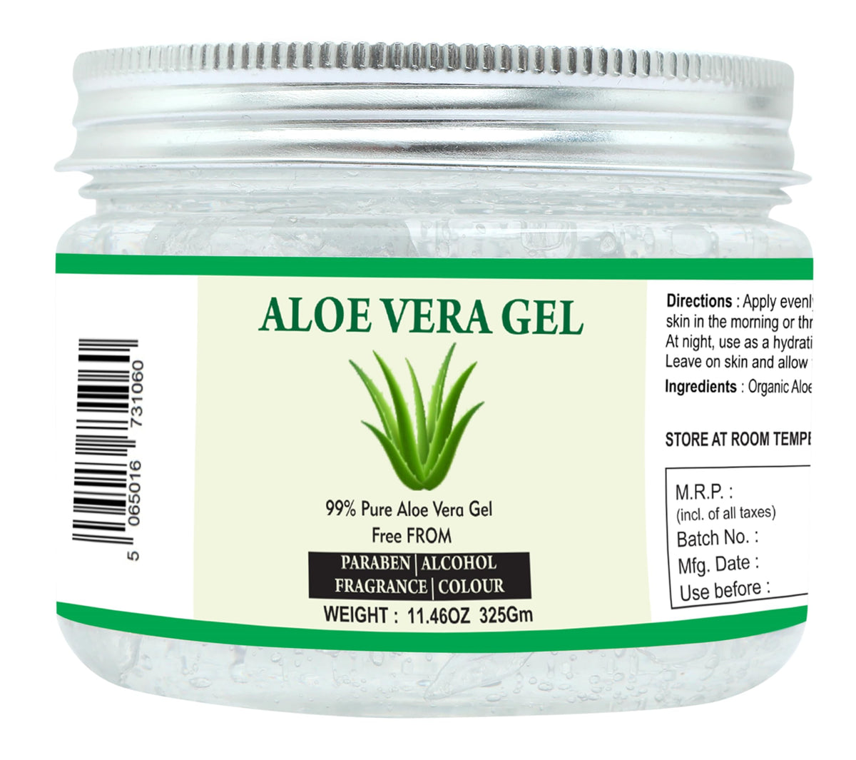 Raslok aloe vera jar front view showing product label and size benefit