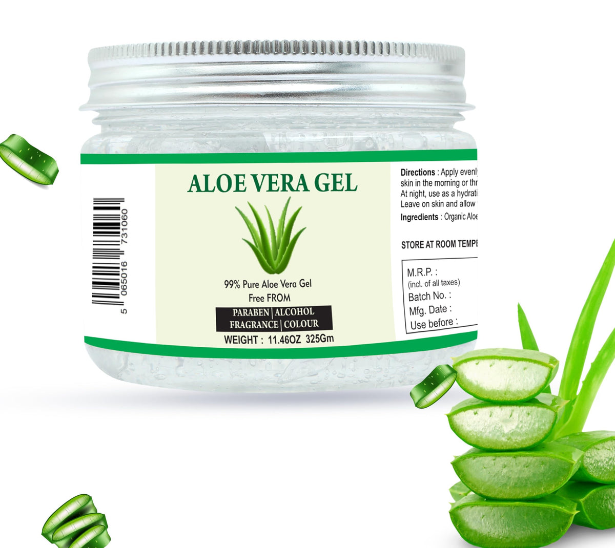 Raslok aloe vera next to common items showing jar size and travel convenience
