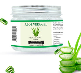 Raslok aloe vera next to common items showing jar size and travel convenience