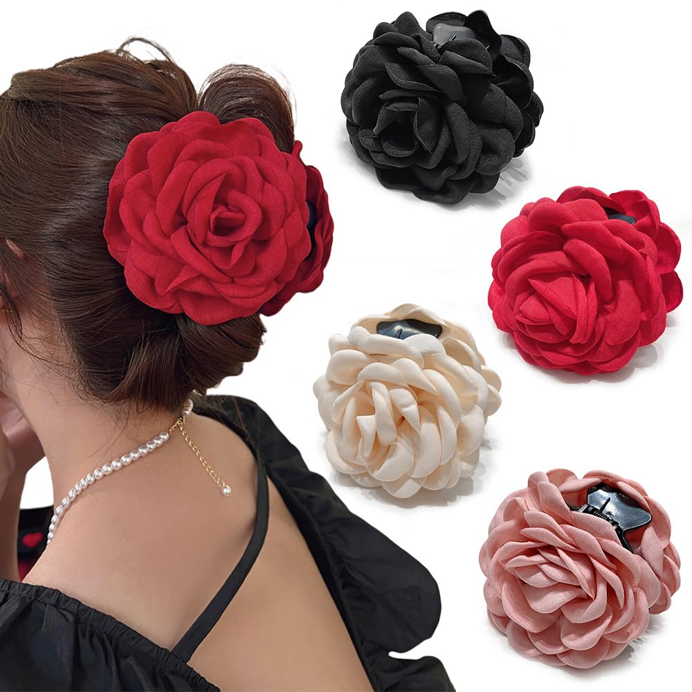 RAUIMOUR front view of four rose claw clips showing colors and shape, adds decorative hold