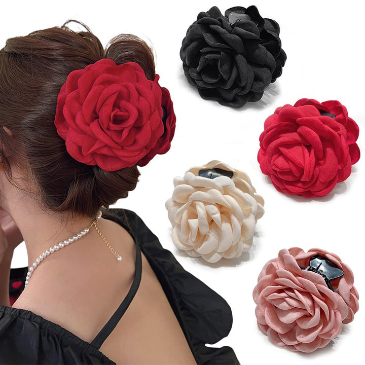 RAUIMOUR front view of four rose claw clips showing colors and shape, adds decorative hold