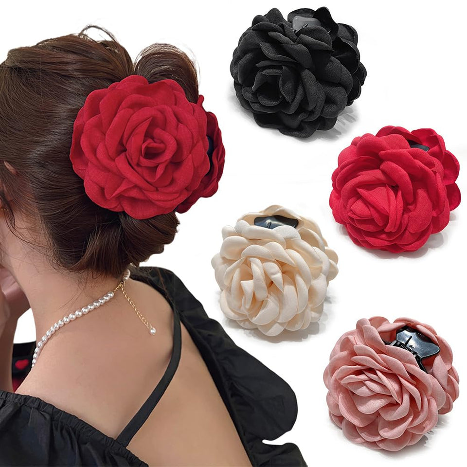 RAUIMOUR front view of four rose claw clips showing colors and shape, adds decorative hold