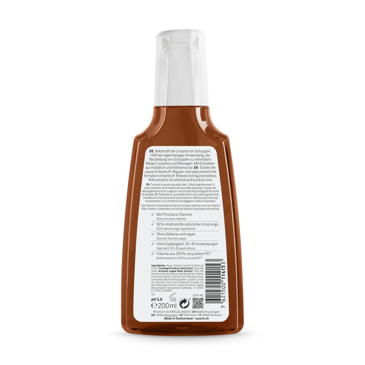Rausch bottle close-up of label highlighting active coltsfoot extract benefit