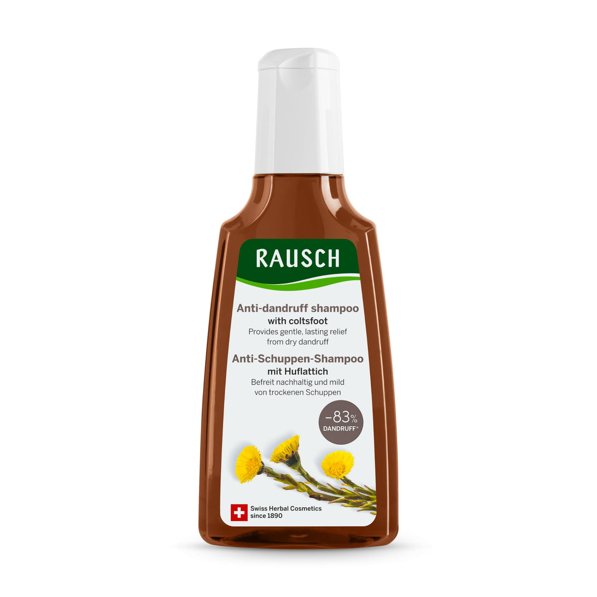 Rausch coltsfoot anti-dandruff shampoo front packaging shows clear label and size benefit