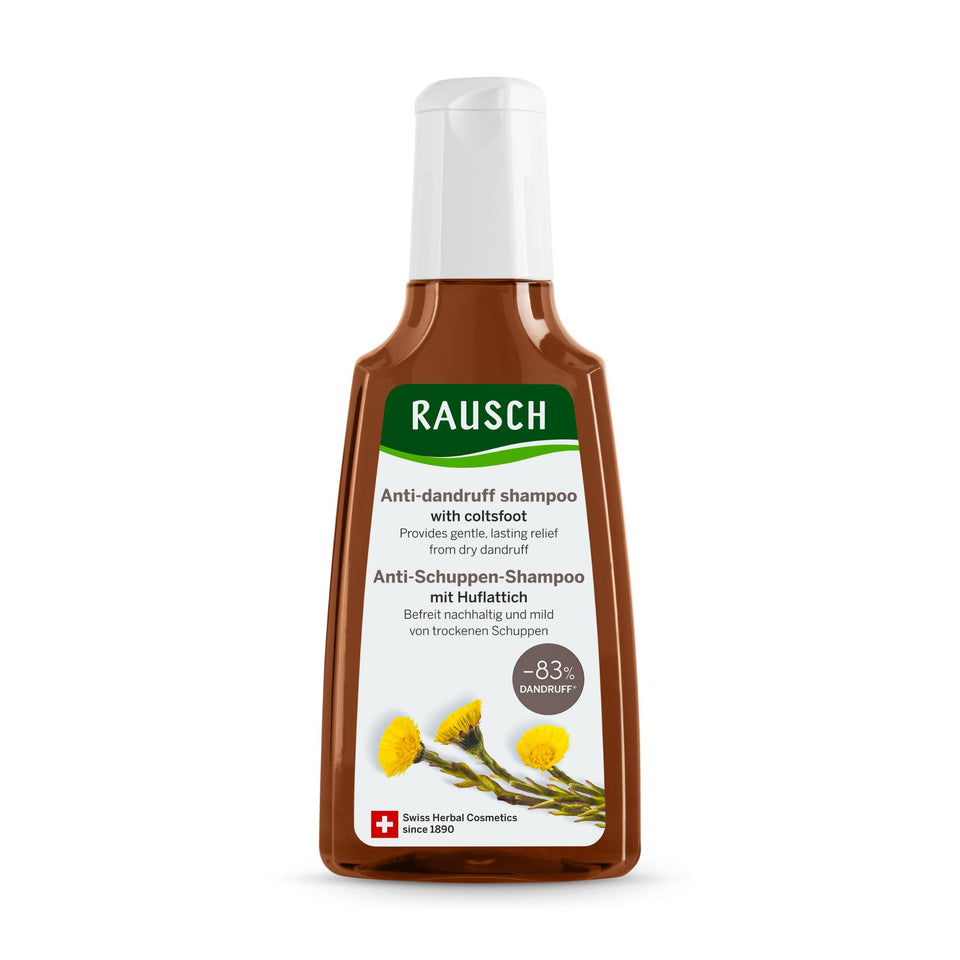 Rausch coltsfoot anti-dandruff shampoo front packaging shows clear label and size benefit