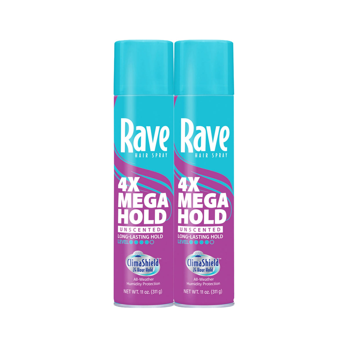 rave front packaging showing unscented aerosol and benefit of 24-hour hold