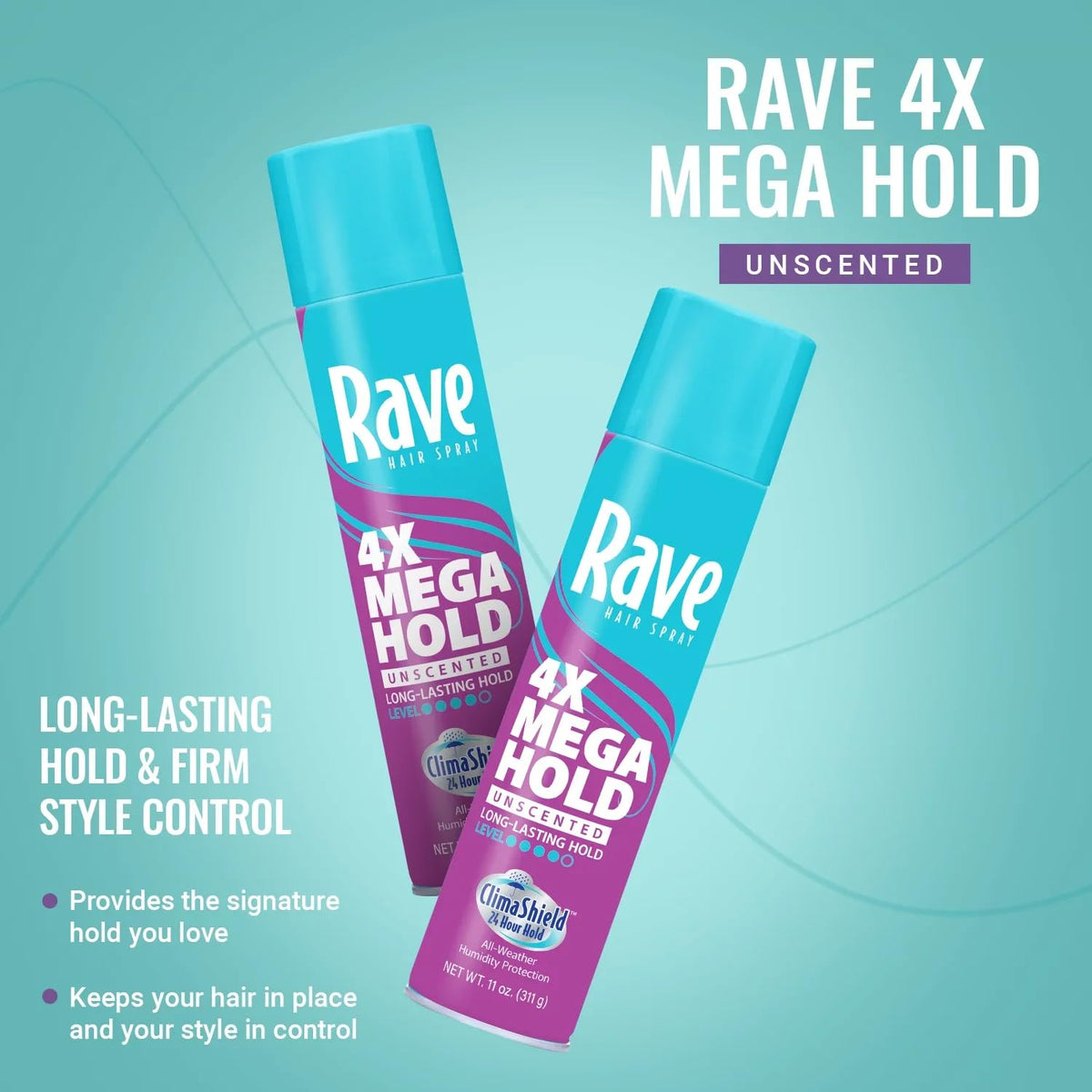 rave styling in use model showing volumized hair and humidity-resistant finish