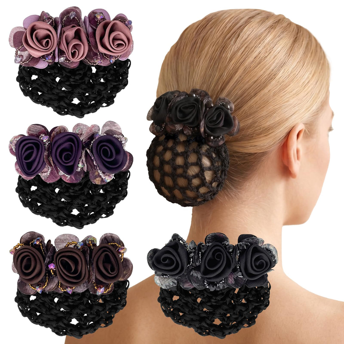 Ravlzors front packaging view showing four floral bun covers, neat storage benefit