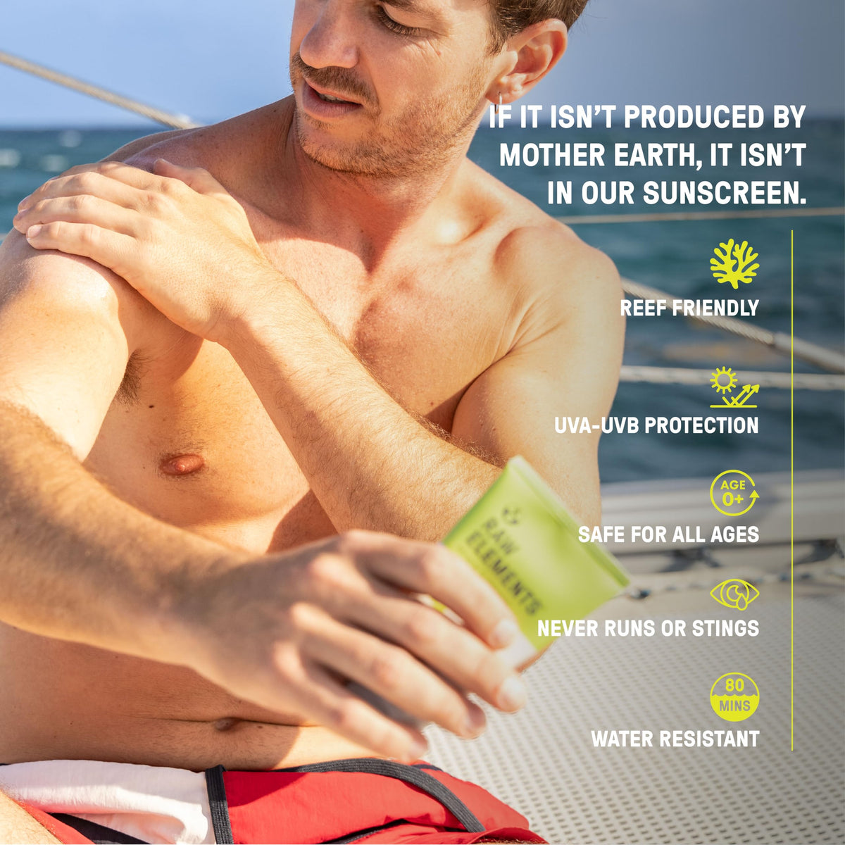 Raw Elements bio-resin label emphasizing sugarcane-derived packaging