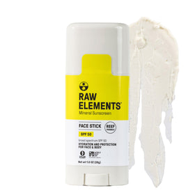Raw Elements face stick front packaging showing compact travel-friendly sunscreen