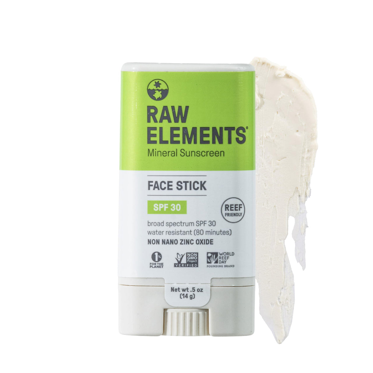 Raw Elements face stick front view showing compact travel-friendly design and easy application