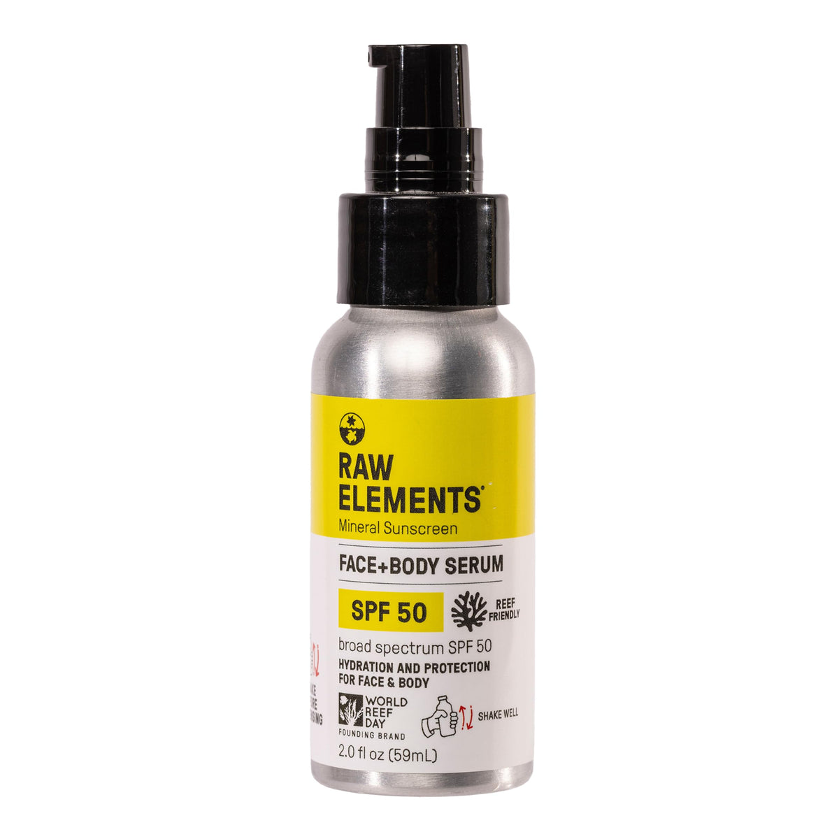Raw Elements front packaging of SPF 50 serum showing compact travel bottle and benefits
