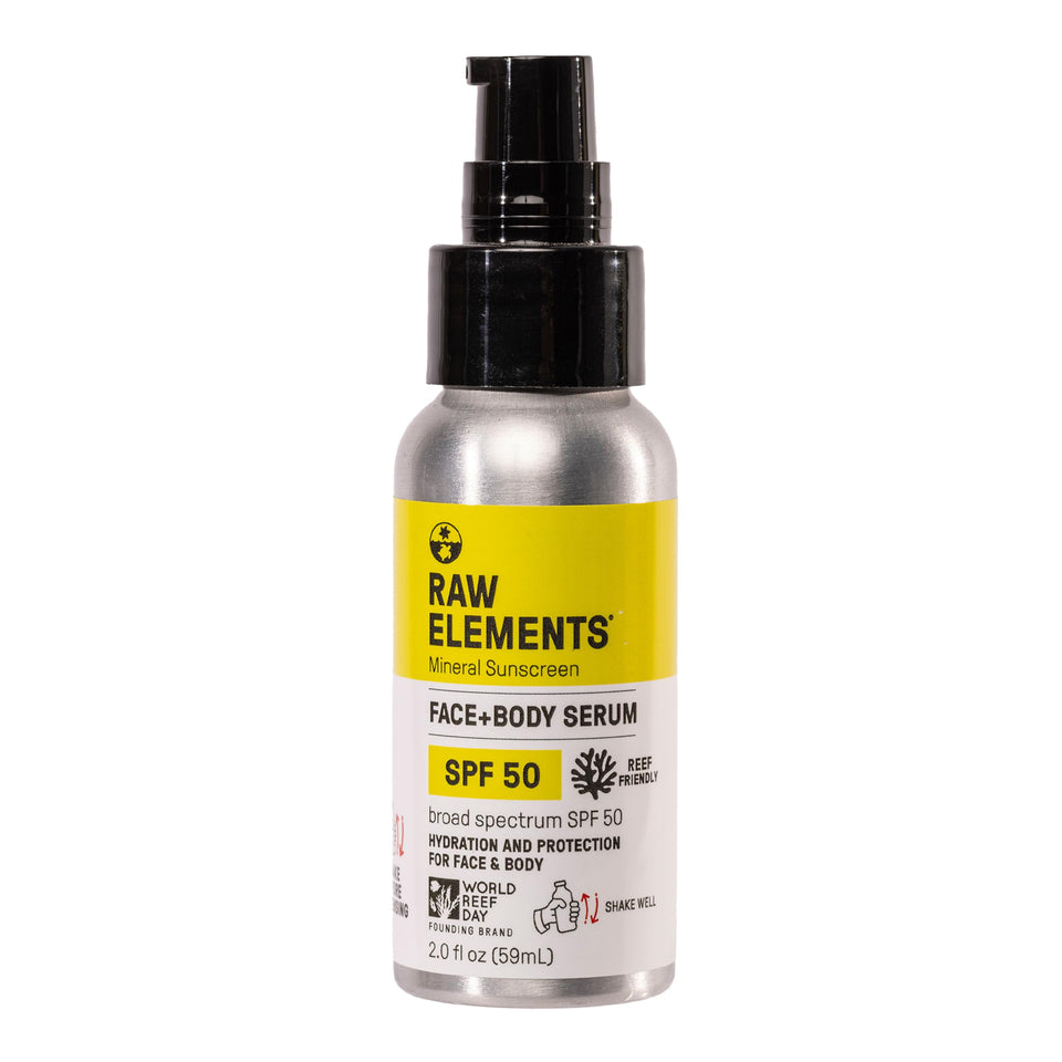 Raw Elements front packaging of SPF 50 serum showing compact travel bottle and benefits