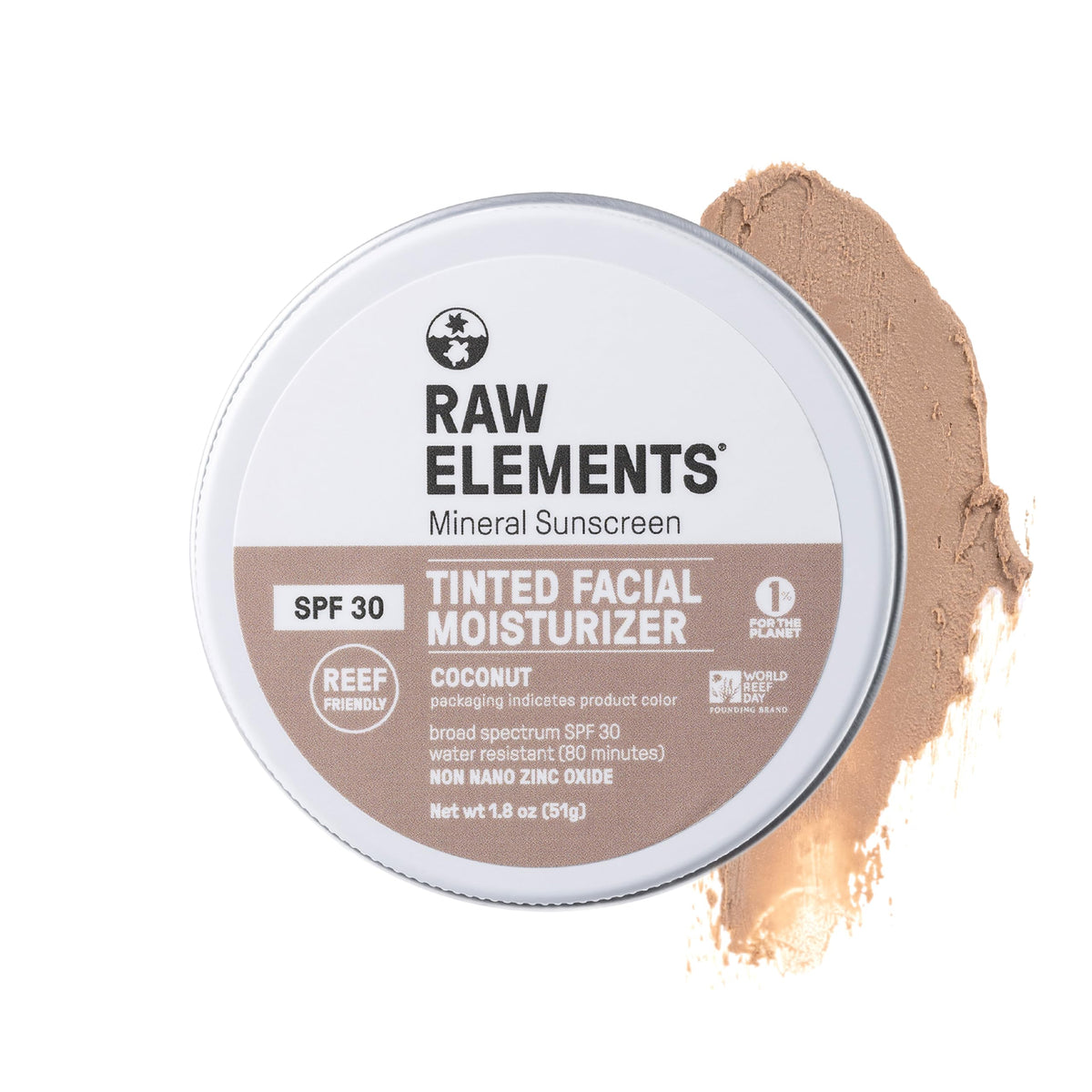 Raw Elements front packaging showing tinted face cream and SPF 30 protection