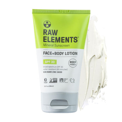 Raw Elements front tube showing SPF 30 protection and benefits
