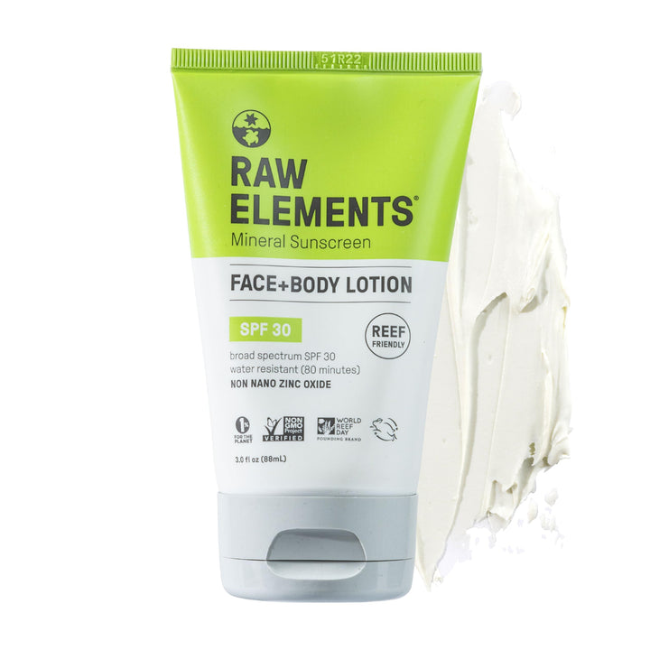 Raw Elements front tube showing SPF 30 protection and benefits